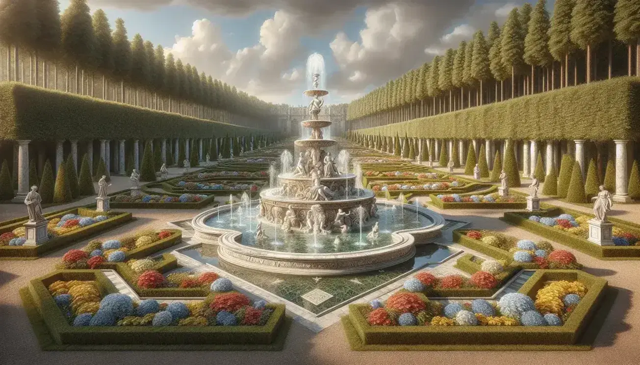 Giardino barocco ben curato con fontana rinascimentale in marmo bianco, aiuole geometriche fiorite e statue marmoree lungo un viale ghiaiato.