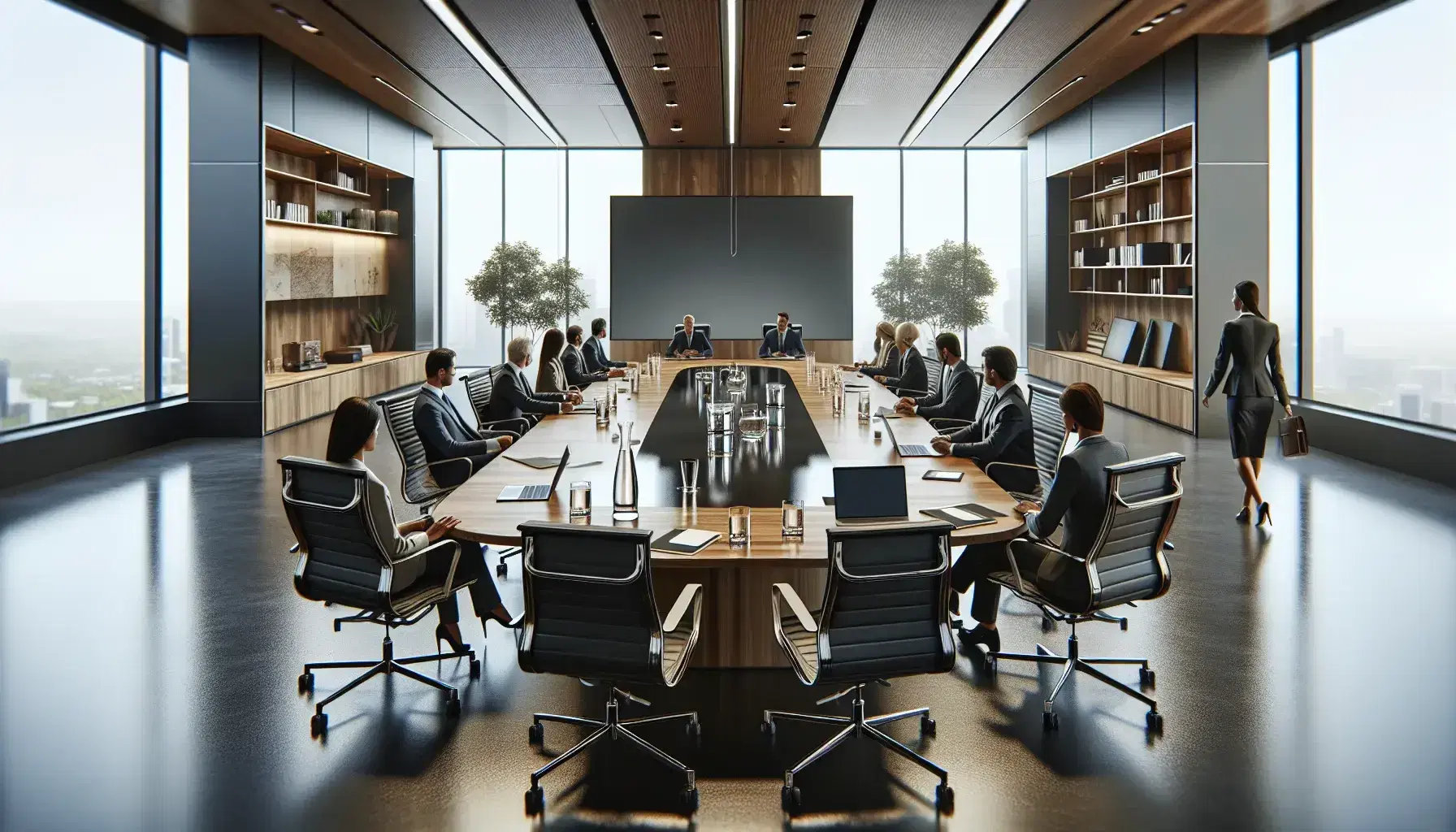 Modern corporate meeting room with oval wooden table, ergonomic chairs, laptops, digital tablets, water pitcher, and a wall-mounted flat-screen monitor.