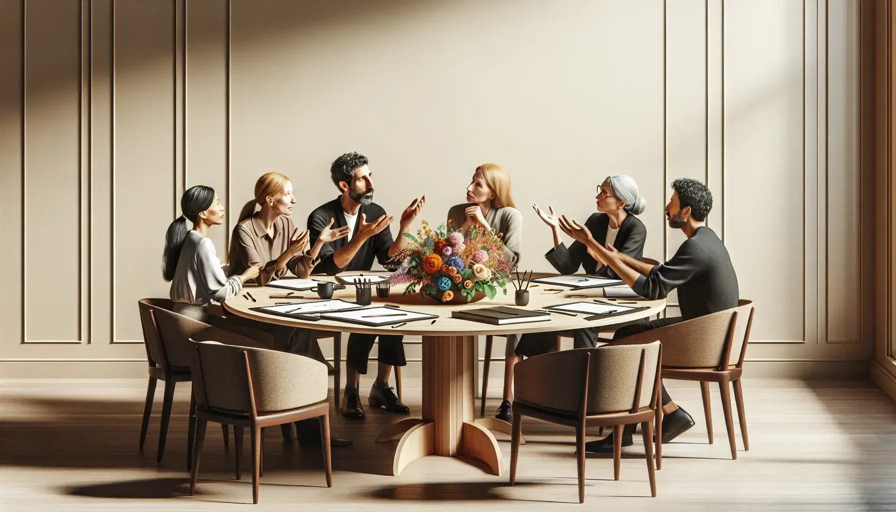 Grupo diverso de seis profesionales interactuando en una reunión sin dispositivos electrónicos, alrededor de una mesa redonda con flores y papeles en una sala iluminada naturalmente.