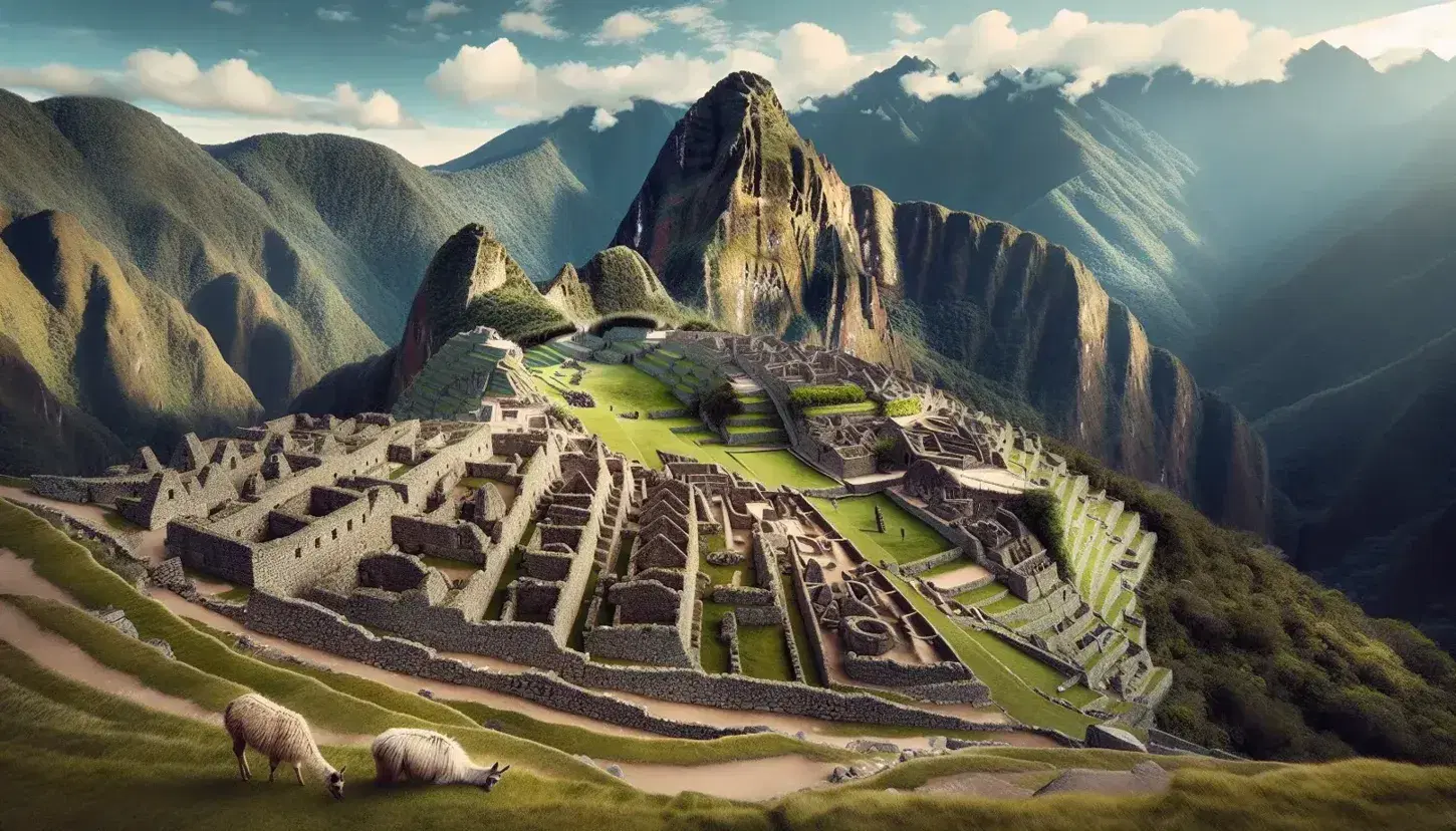 Vista panoramica delle rovine di Machu Picchu con il Tempio del Sole, montagne verdi sullo sfondo e una lama in primo piano.
