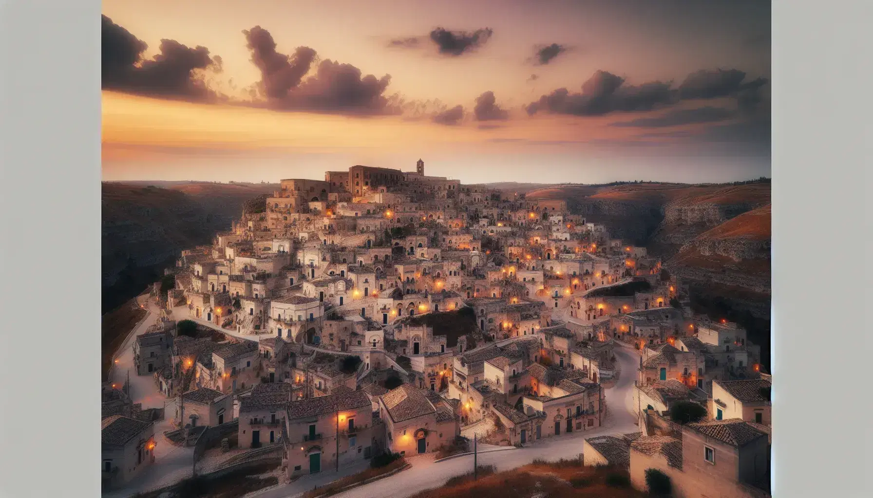 Vista panoramica dei Sassi di Matera al tramonto con facciate in pietra illuminate e cielo sfumato da giallo a viola.