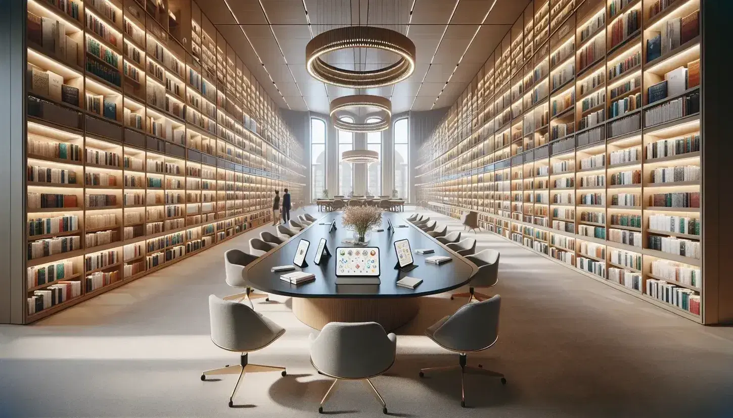 Biblioteca moderna con scaffali in legno chiaro, tavolo ovale centrale, sedie ergonomiche grigie e illuminazione naturale da ampie finestre.