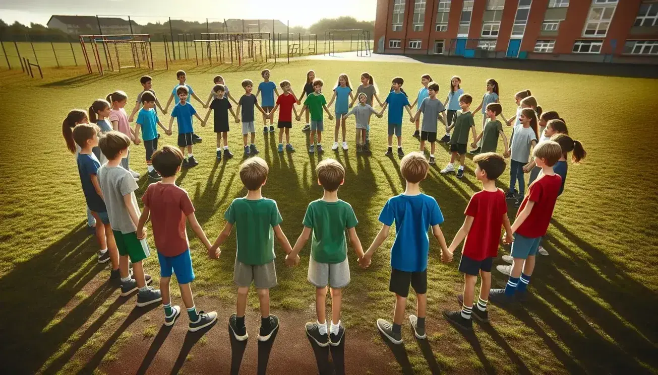 Niños y niñas sonrientes formando un círculo tomados de las manos en un campo de hierba verde, con un cielo azul claro y edificio escolar al fondo.