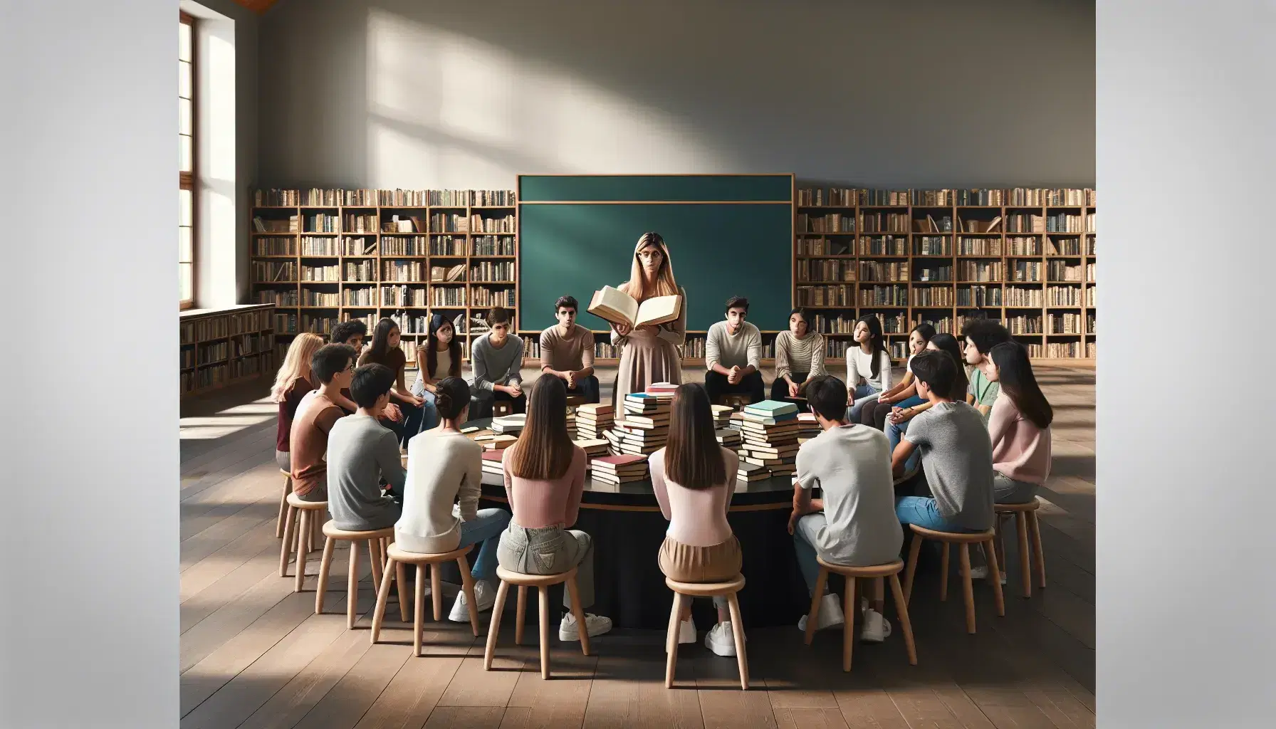 Grupo de estudiantes diversos atentos a una profesora que señala un libro abierto en una biblioteca iluminada naturalmente, con estantes de libros y pizarra verde al fondo.