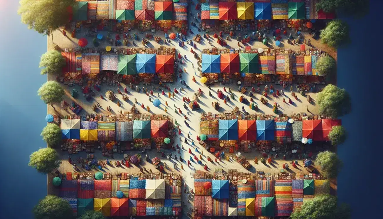 Aerial view of a lively open-air market with colorful tents, colorful fabrics, handcrafted pottery and exotic fruits, frequented by people in traditional and modern clothing.