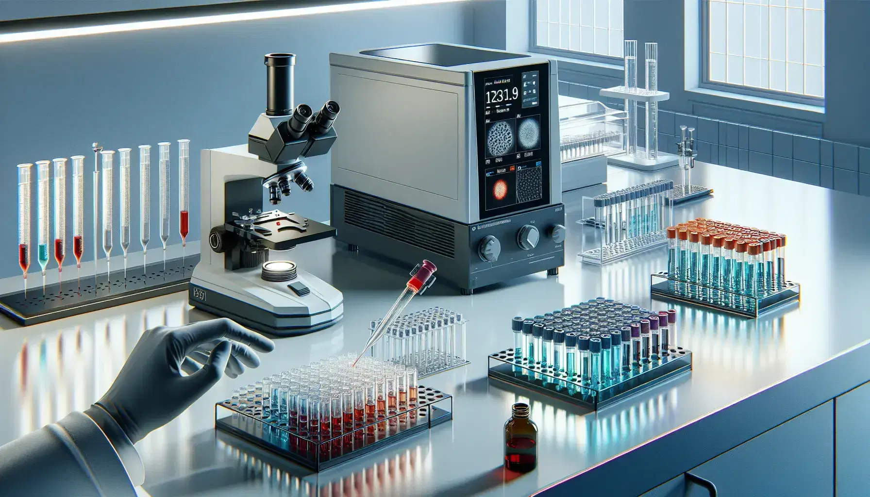 Laboratorio di ricerca moderno con microscopio elettronico, provette colorate, centrifuga, braccio con pipetta e pianta verde.