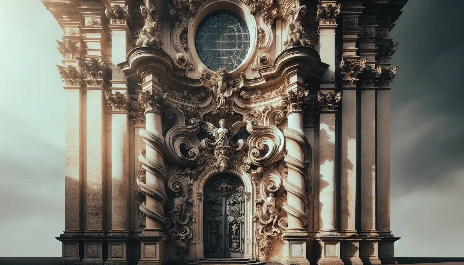 Fachada barroca de iglesia con entrada principal adornada por columnas salomónicas, pedimento roto y escultura de ángel, bajo cielo azul claro.