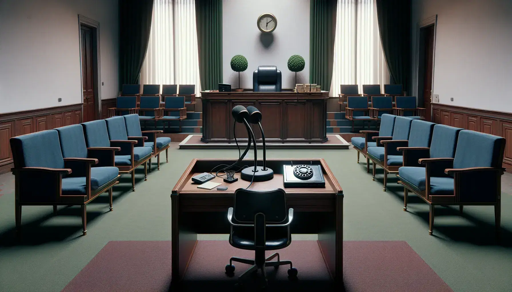 Aula di tribunale italiana vuota con banco testimoni in legno scuro, sedie blu per avvocati, scrivania del giudice con sedia ergonomica e tende rosse.