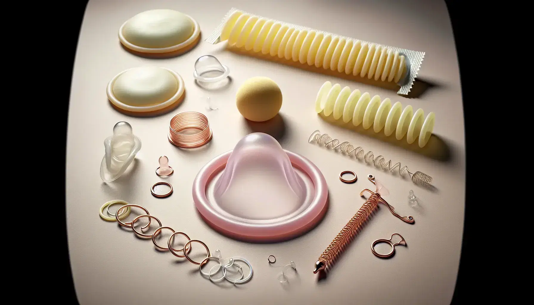 Variedad de métodos anticonceptivos no hormonales incluyendo un diafragma de silicona rosa pálido, un condón masculino desenrollado, un DIU de cobre y una esponja anticonceptiva amarilla.