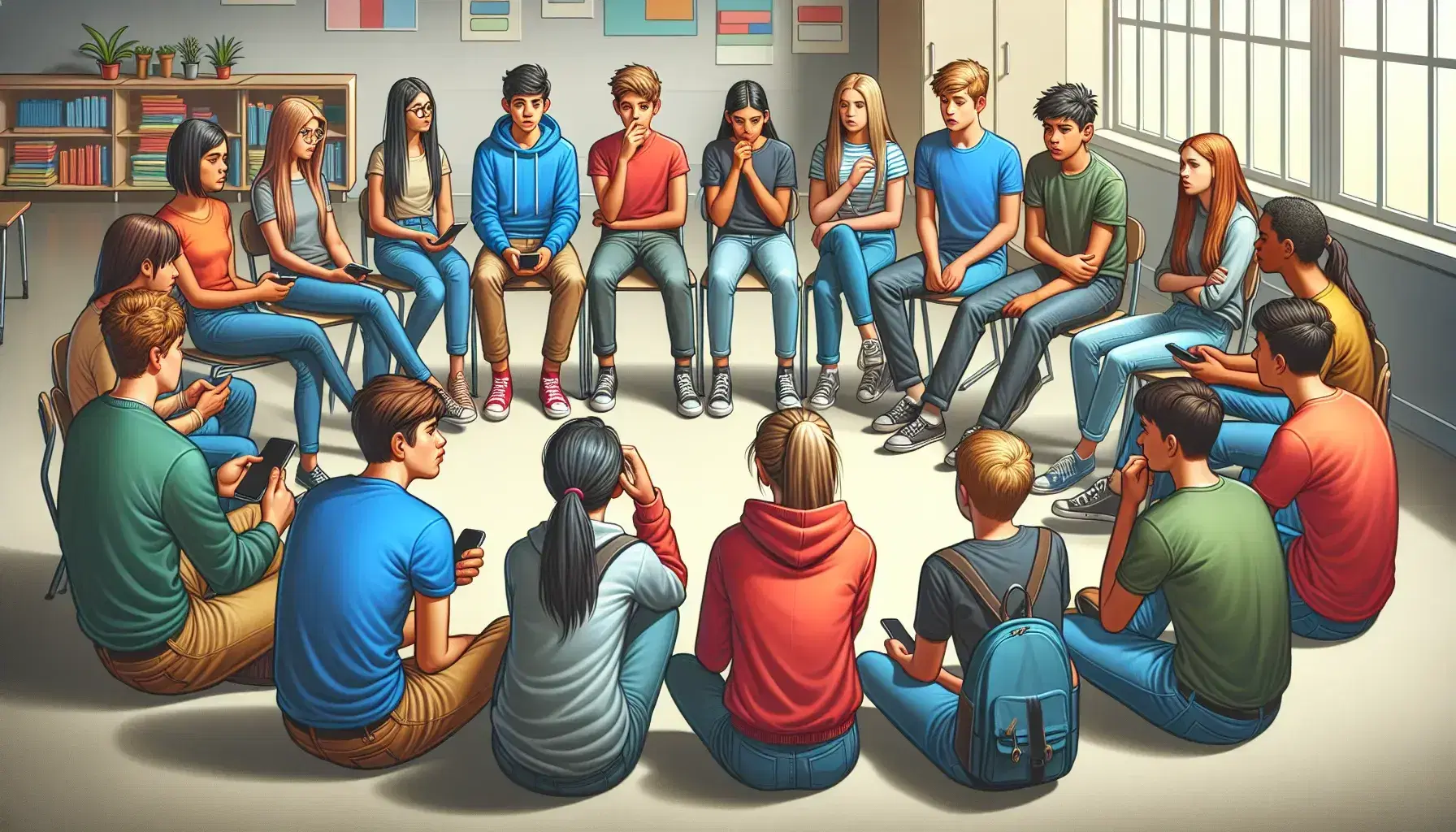 Gruppo di adolescenti diversificati seduti in cerchio in aula, ragazzo ispanico mostra smartphone, ragazza bionda sembra scioccata, atmosfera seria.