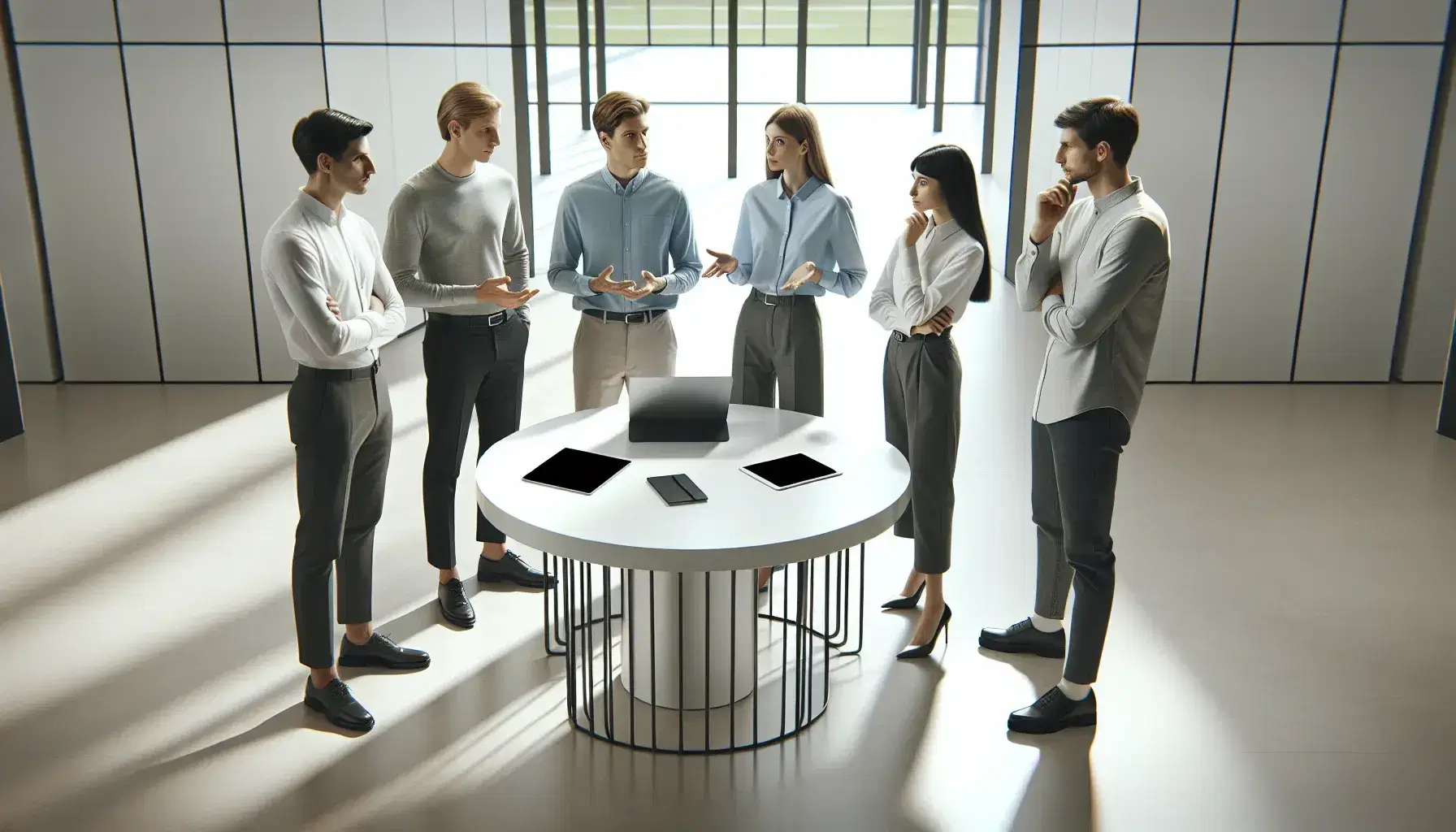Grupo de cinco profesionales colaborando en una oficina moderna alrededor de una mesa con dispositivos electrónicos, en un ambiente iluminado y concentrado.