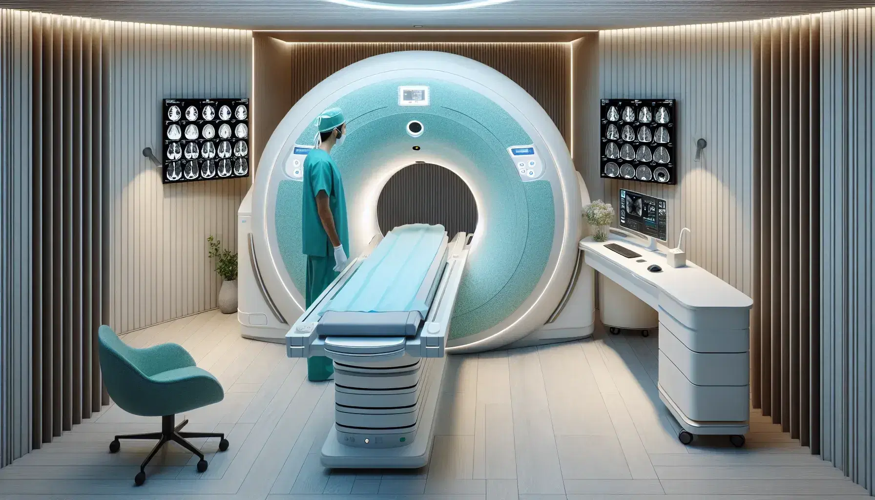 Modern CT scan room with a white donut-shaped scanner, blue-cushioned patient table, and a healthcare professional analyzing images at a computer console.