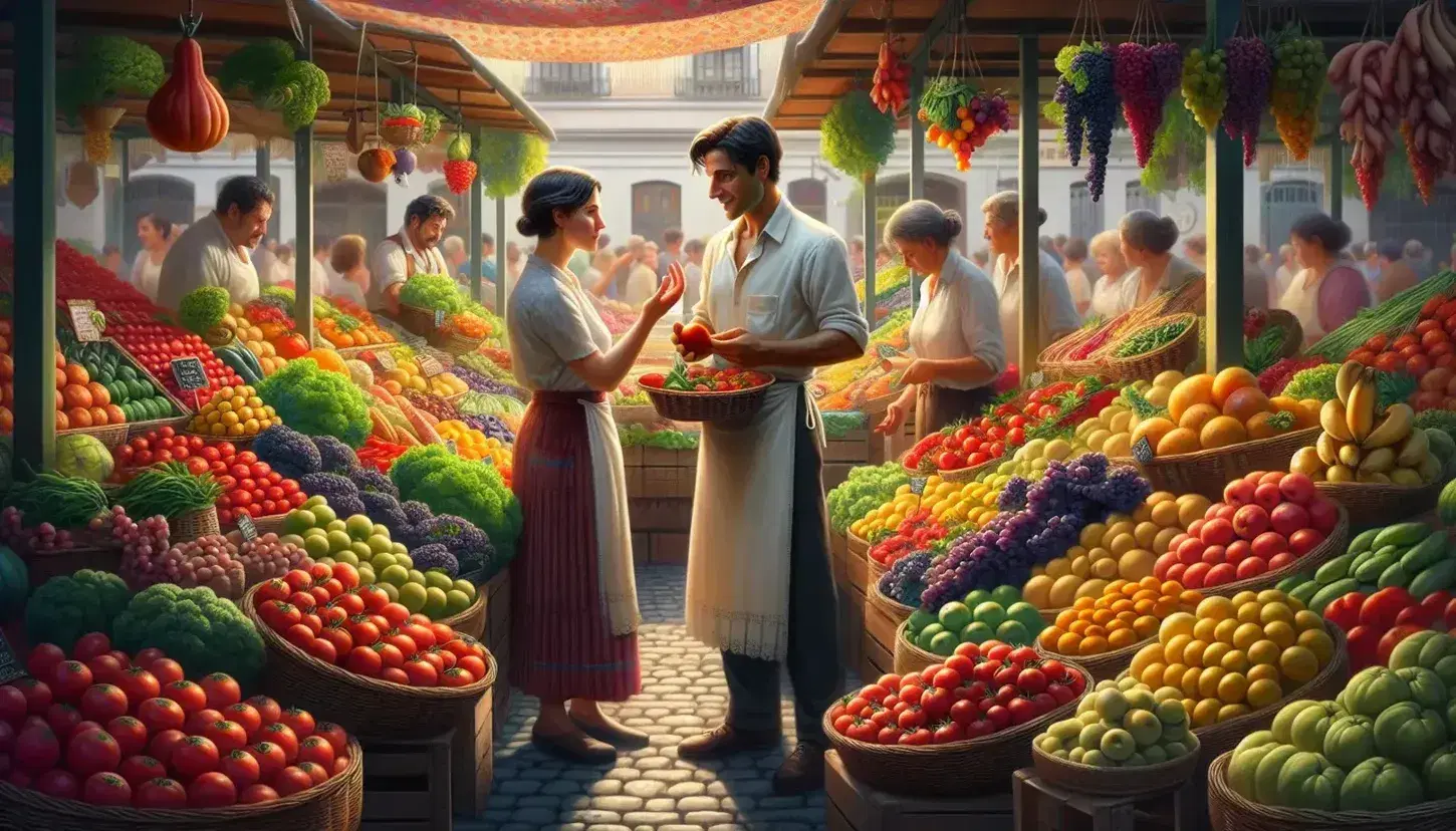 Bustling traditional Spanish market scene with a vendor gesturing to fresh produce and a customer examining fruit, amidst colorful stalls under a clear sky.