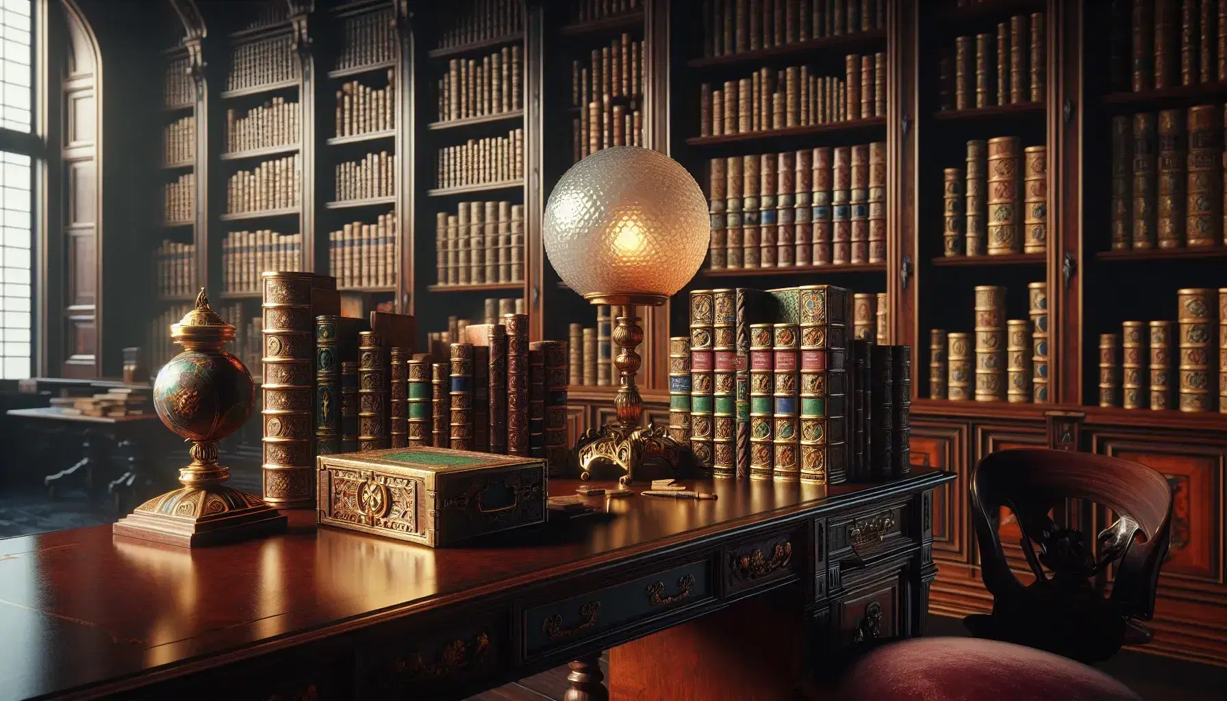 Biblioteca antica con scrivania in legno scuro, libri rilegati, lampada opalescente, sedia in velluto rosso, mappamondo antico e scatola con monete d'oro.