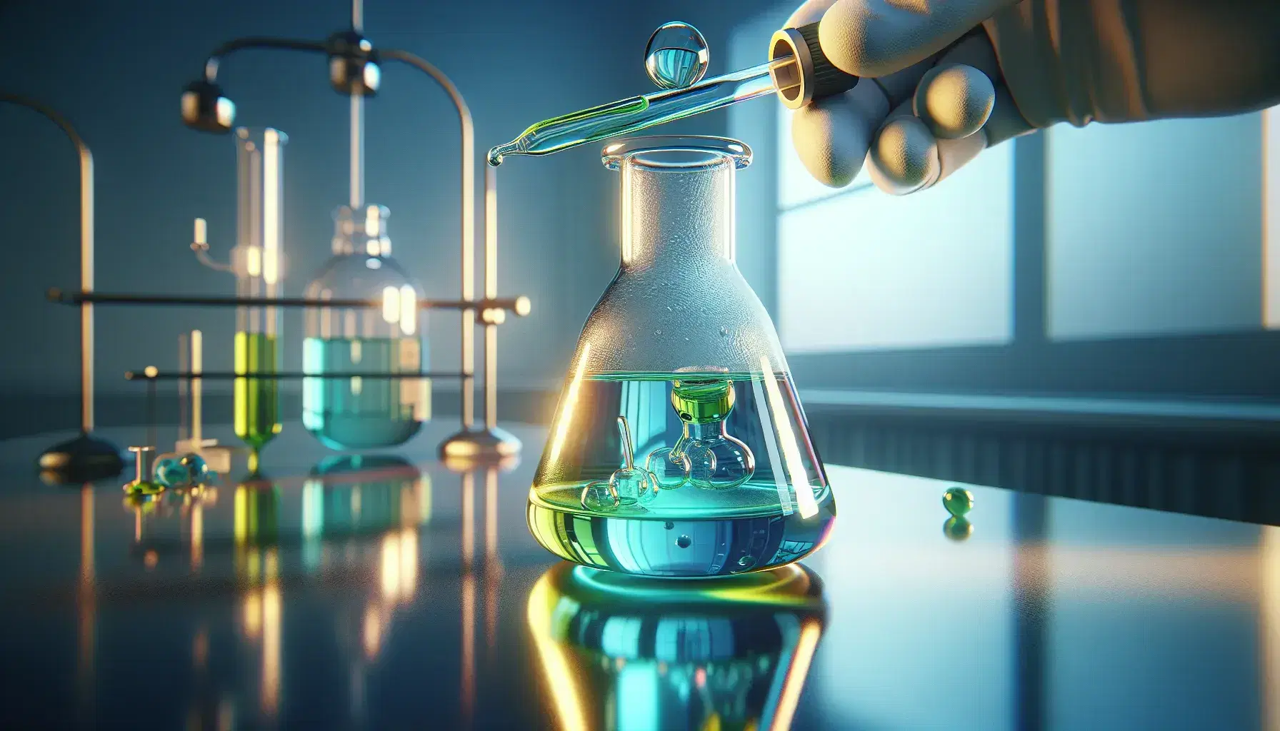 Glass vial on reflective surface with dark blue to yellow layered liquids, held by gloved hands with dropper on top.