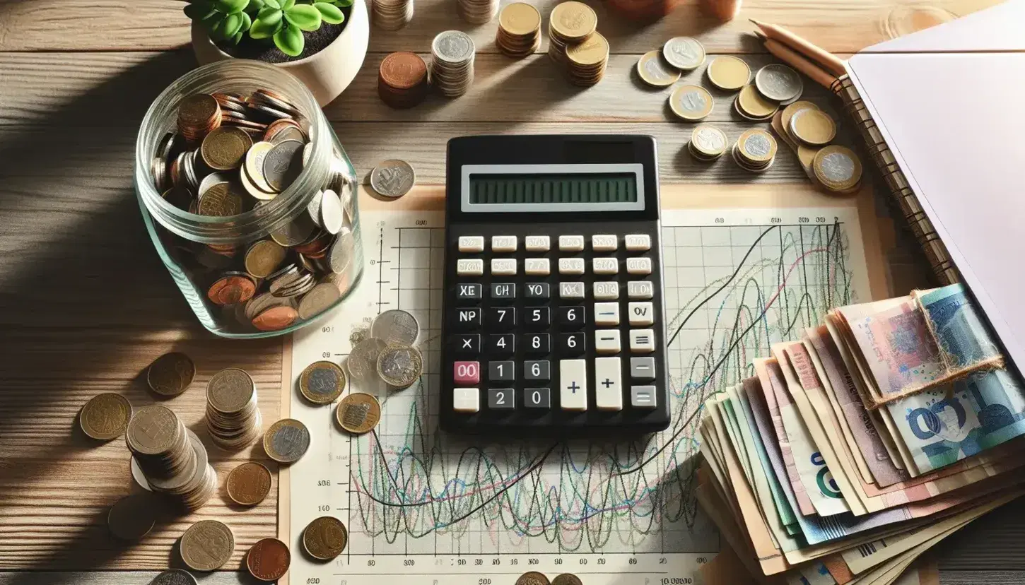 Mesa de madera clara con calculadora científica apagada, frasco de vidrio con monedas, billetes variados y gráfico impreso, junto a planta en maceta blanca.