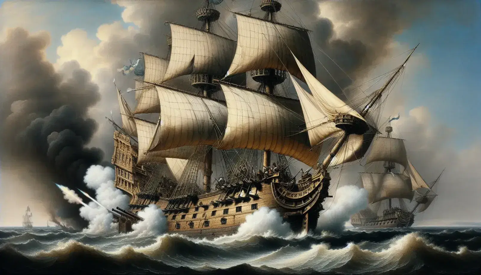 Late 16th-century naval battle with a large galleon and a smaller ship amidst rough seas, billowing sails, and cannon smoke under a stormy sky.