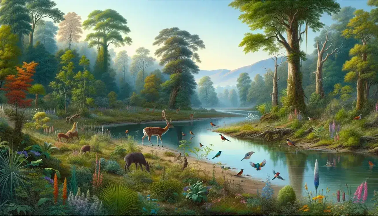 River landscape with drinking deer, colorful birds on branches and in flight, lush trees and green hills under a blue sky with thin clouds.