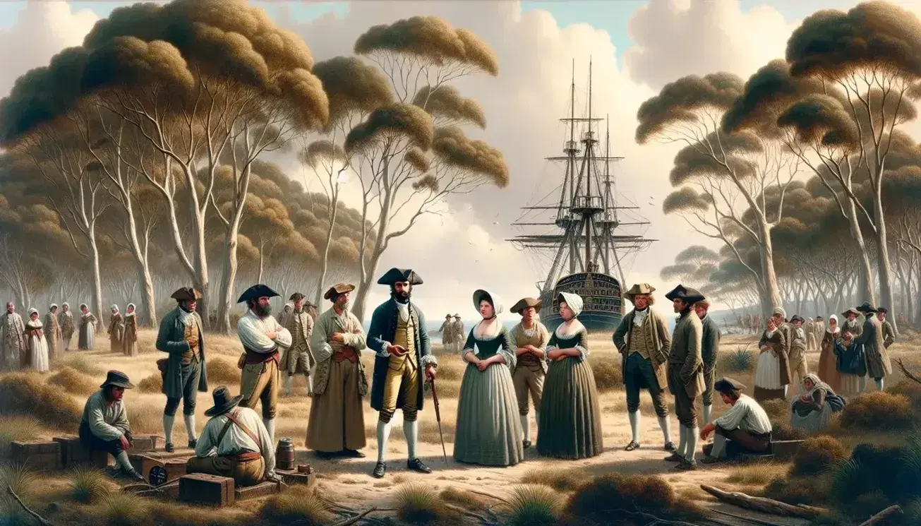 18th-century Australian scene with diverse settlers in period attire, a man in a tricorn hat addressing the group, and a ship anchored offshore.
