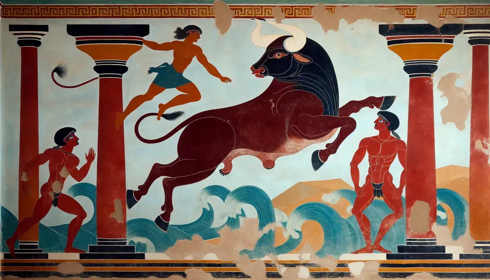 Fresco minoico vivace con toro marrone in salto, atleta in acrobazia e figura assistente, su sfondo di mare stilizzato e architettura palaziale.