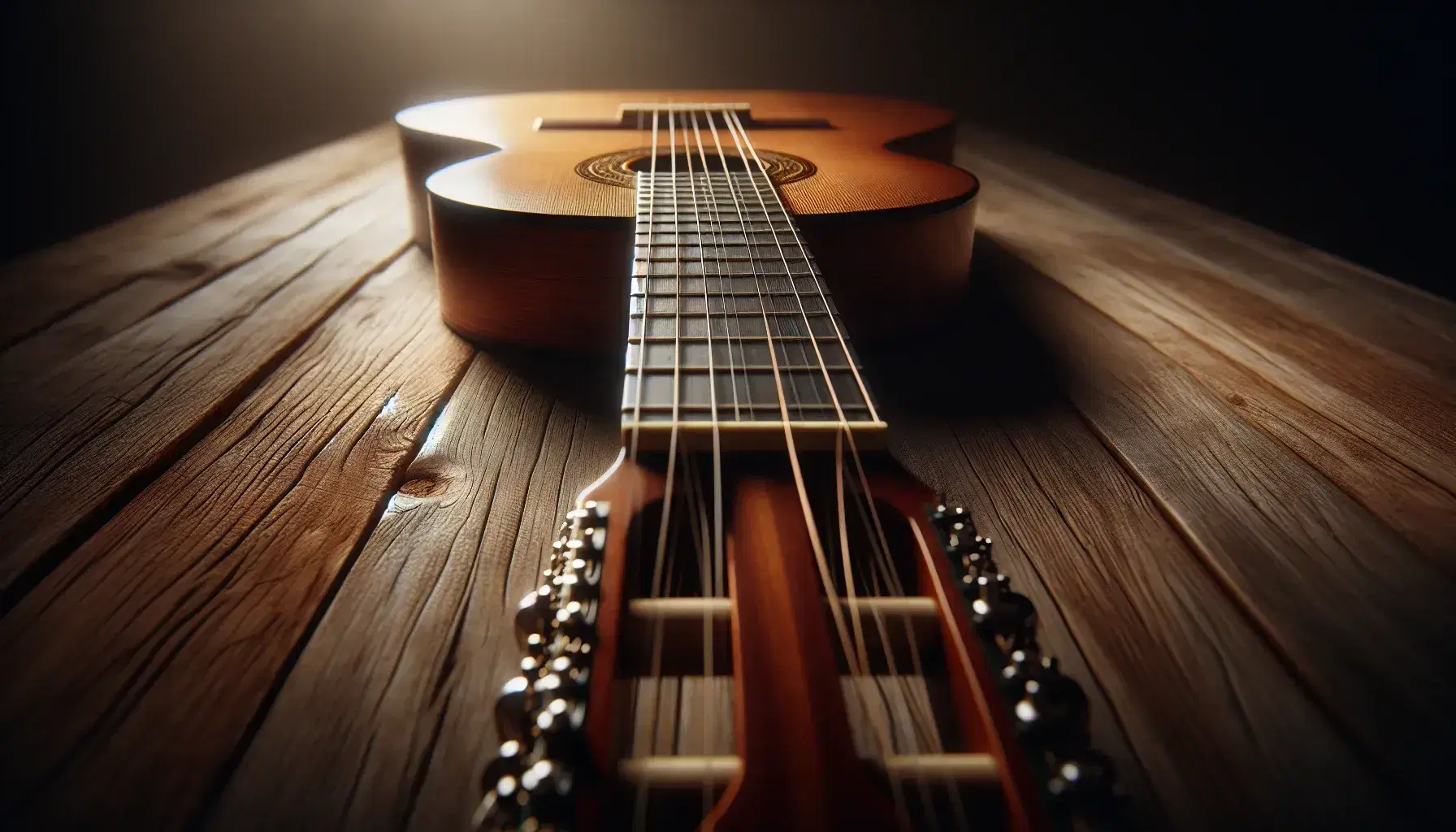 Close-up of vibrating classical guitar strings on a wooden table, with warm brown hues and soft lighting enhancing the natural wood finish.