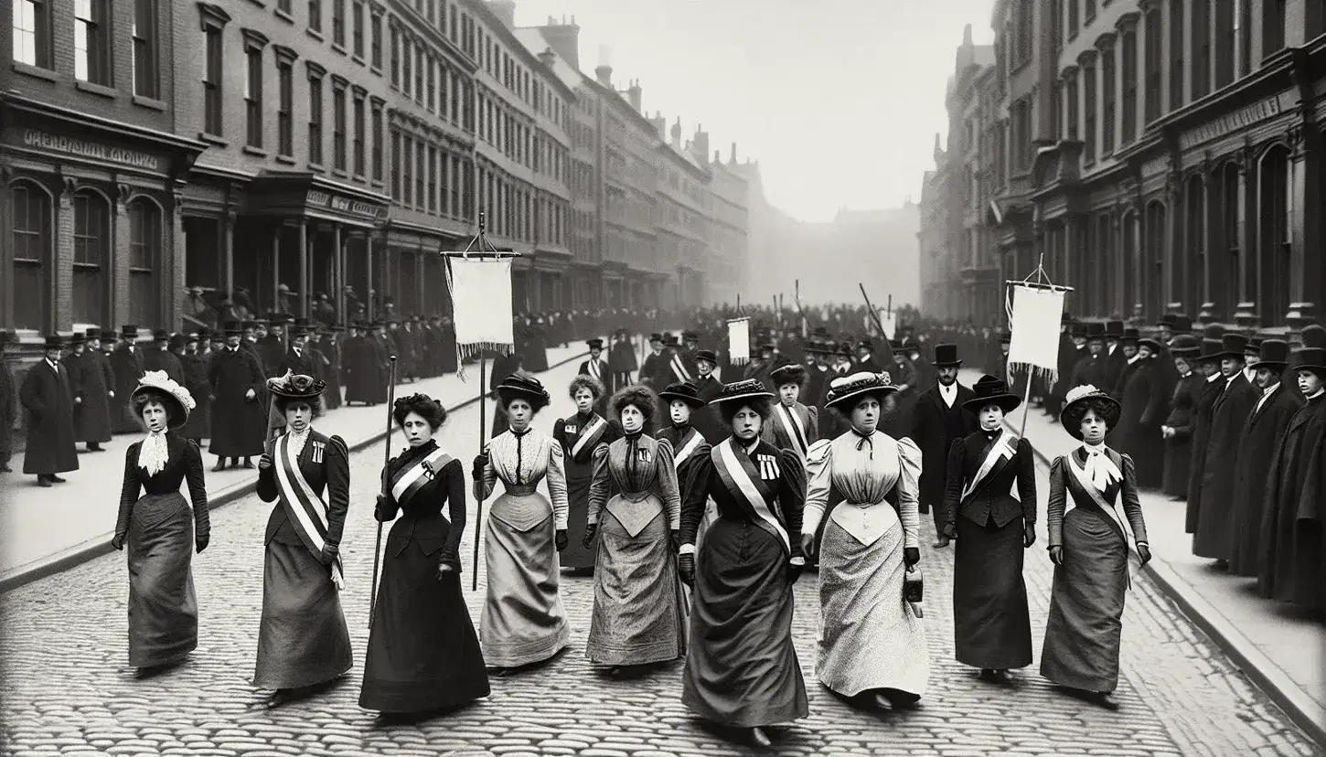 Women's suffrage march in late 19th-century attire, carrying banners, with onlookers by brick buildings on a cobblestone street, evoking historical determination.