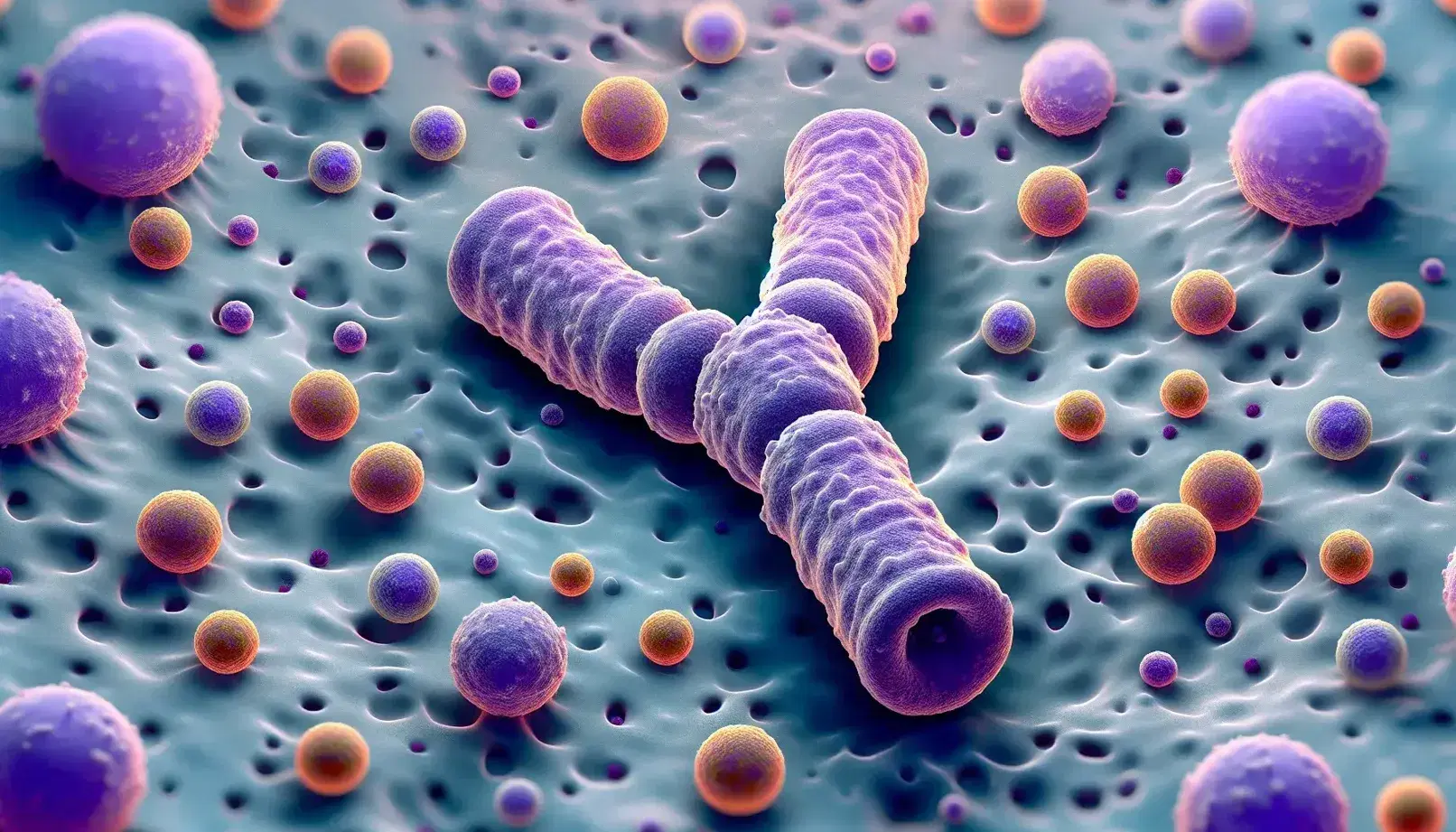 Vista microscópica de anticuerpos en forma de 'Y' con regiones centrales moradas y extremos lavanda interactuando con células en tonos naranja y verde sobre fondo azul grisáceo.