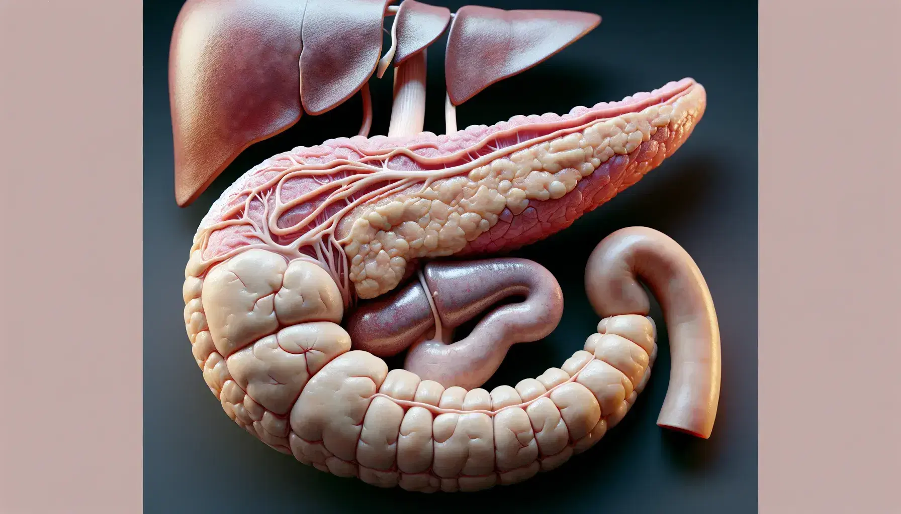 Modelo anatómico tridimensional detallado del páncreas humano con órganos adyacentes como el estómago, duodeno e hígado, mostrando texturas y colores realistas.