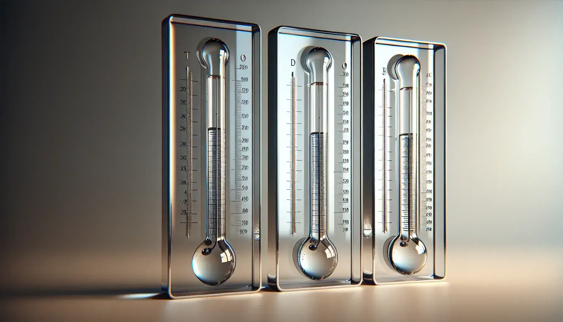 Termometri a mercurio classici che indicano temperature diverse, da moderata a alta a bassa, su sfondo neutro.