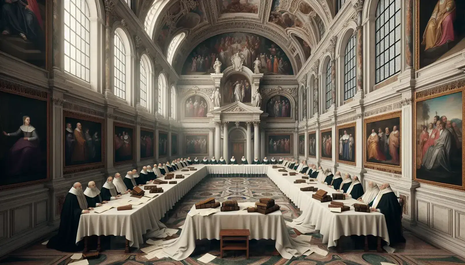 Sala interna di una basilica con tavolo ovale, figure in abiti ecclesiastici, libri, affreschi religiosi, statue di marmo e piccolo organo.