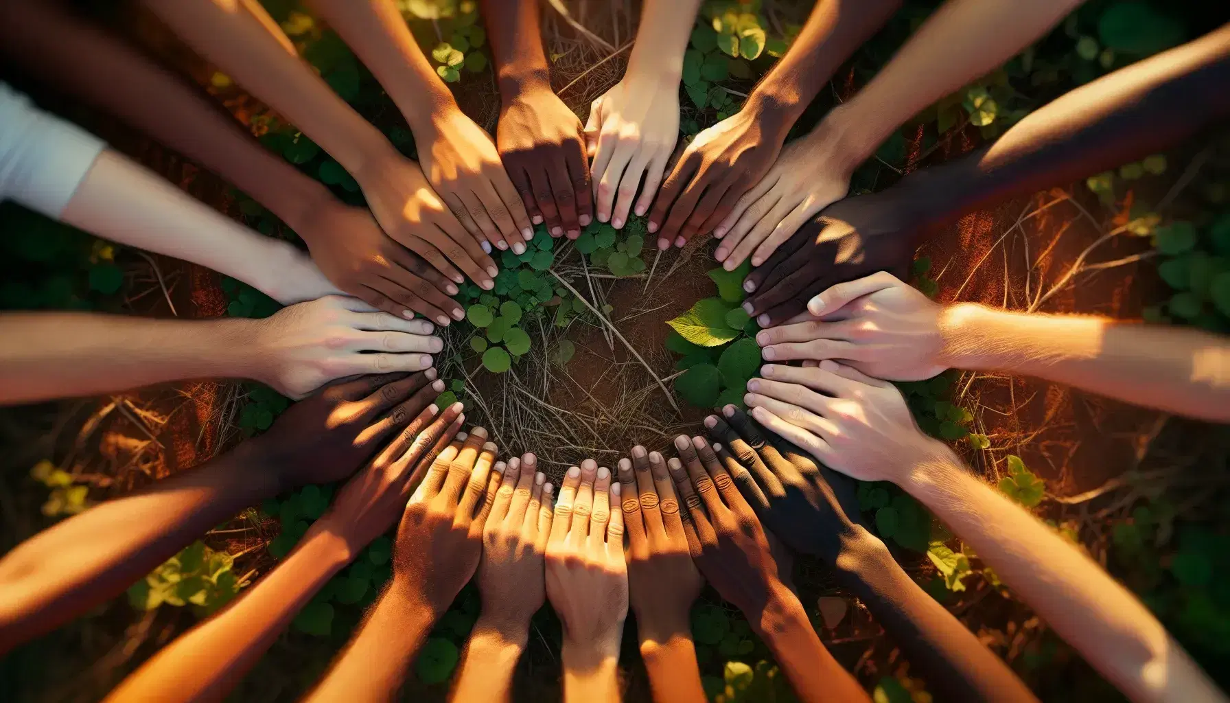 Círculo de manos entrelazadas de diversas tonalidades de piel simbolizando la diversidad étnica sobre fondo natural desenfocado.