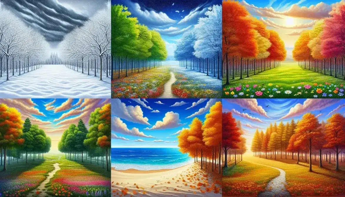 Quattro panorami stagionali: inverno nevoso con alberi spogli, primavera verde con fiori colorati, estate con spiaggia e mare, autunno con foresta dai toni caldi.