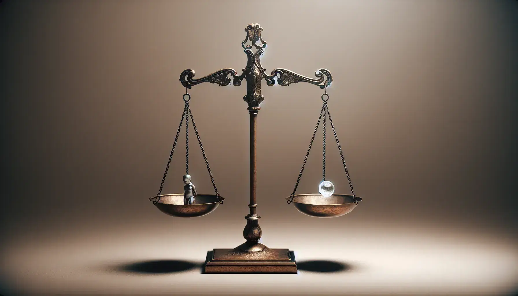 Bilancia antica in equilibrio con statuetta argentea che rappresenta un adulto su un piatto e sfera trasparente con nucleo bianco sull'altro.