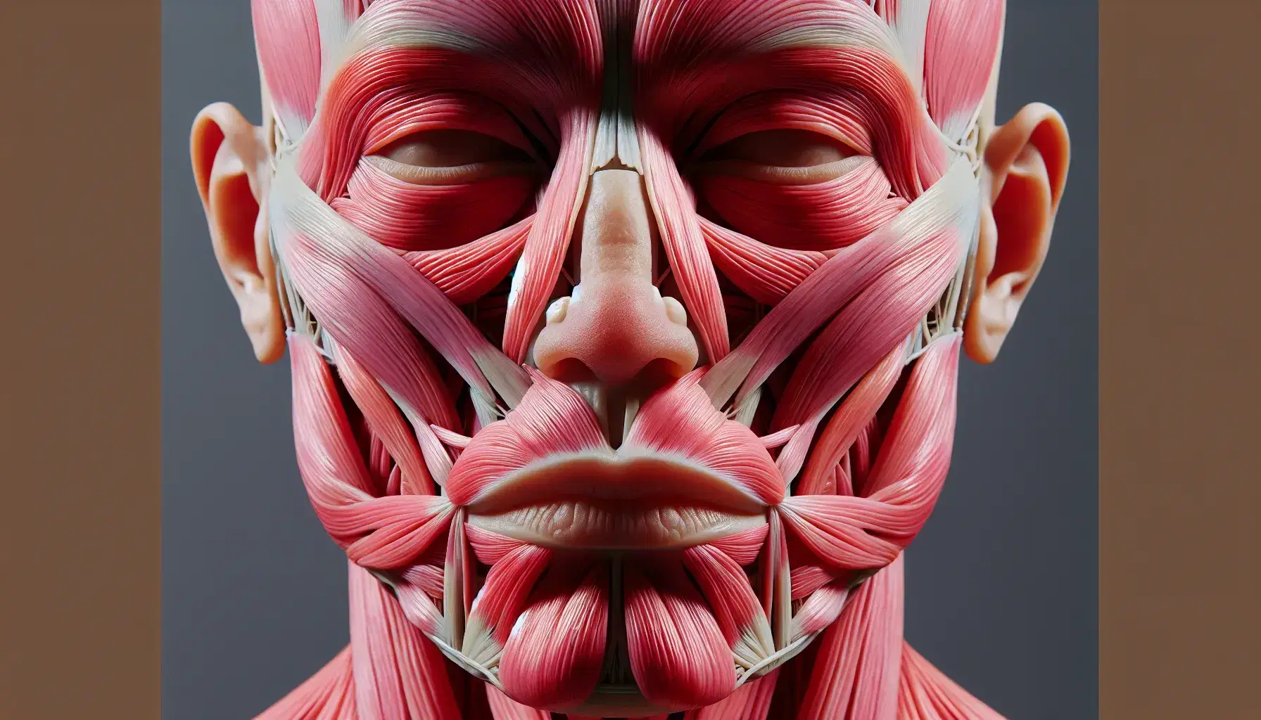 Vista frontal de la anatomía de los músculos faciales inferiores humanos, mostrando músculos alrededor de la boca y mejillas en tonos rojos y rosas.