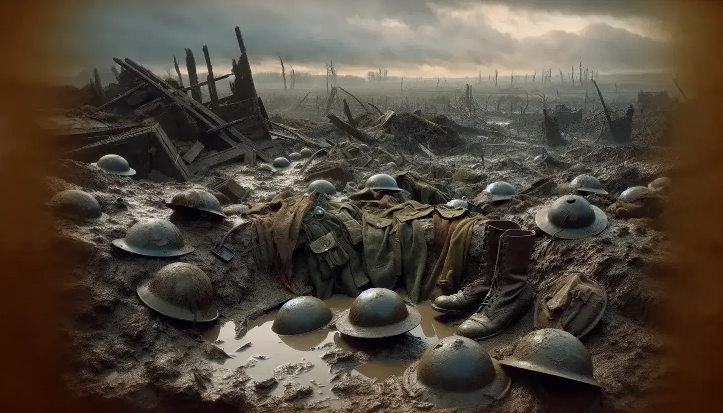 Campo de batalla de la Primera Guerra Mundial tras un enfrentamiento, con cascos militares dispersos, botas en trinchera y paisaje desolado al amanecer o atardecer.