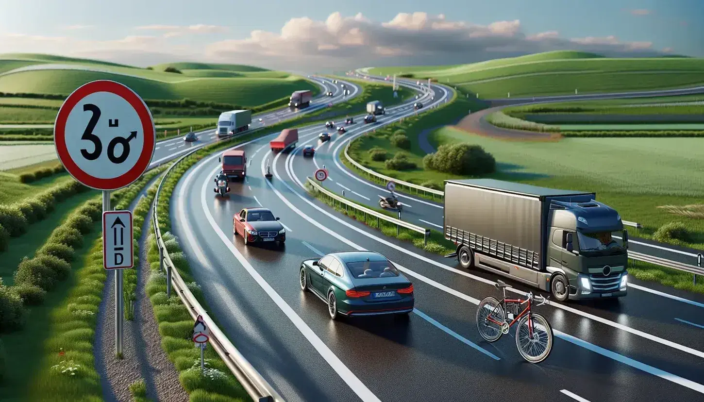 Strada asfaltata serpeggiante nella campagna verde con segnale di limite di velocità, auto blu, moto rossa, camion grigio e bicicletta ferma, sotto cielo azzurro.