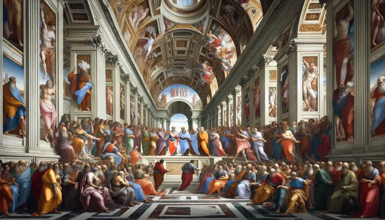 Affresco 'La Scuola di Atene' di Raffaello nelle Stanze Vaticane con Platone e Aristotele al centro circondati da filosofi antichi.