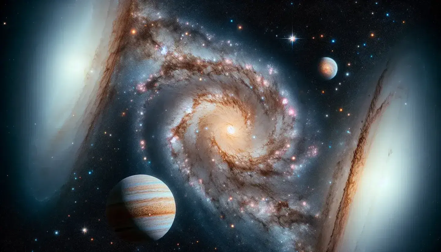 Cielo notturno stellato con galassia a spirale centrale, tre pianeti colorati e superficie rocciosa in primo piano.