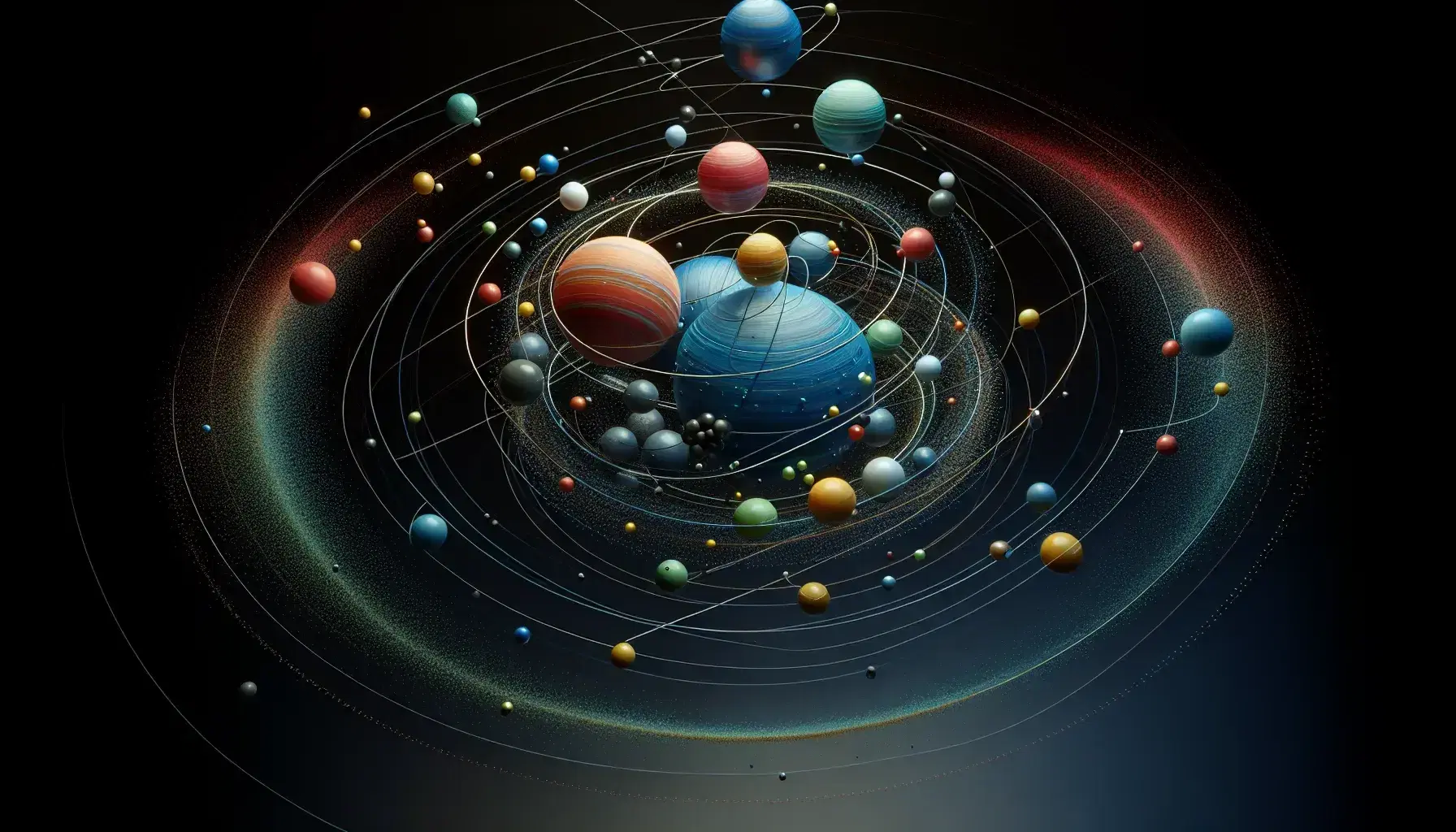 Estructura tridimensional de esferas de colores en suspensión con líneas translúcidas en fondo negro, simbolizando conexiones o interacciones.