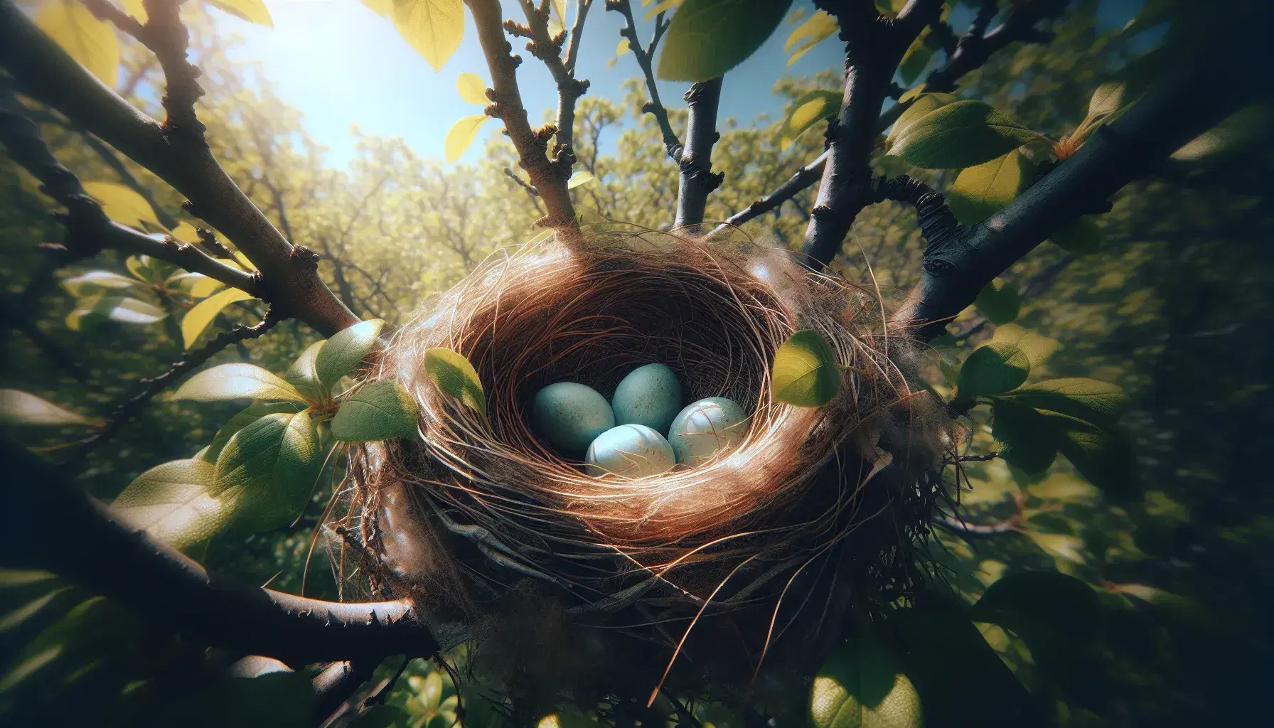 Nido d'uccello tra i rami di un albero con tre uova azzurre maculate, circondato da foglie verdi e cielo azzurro filtrato dal sole.