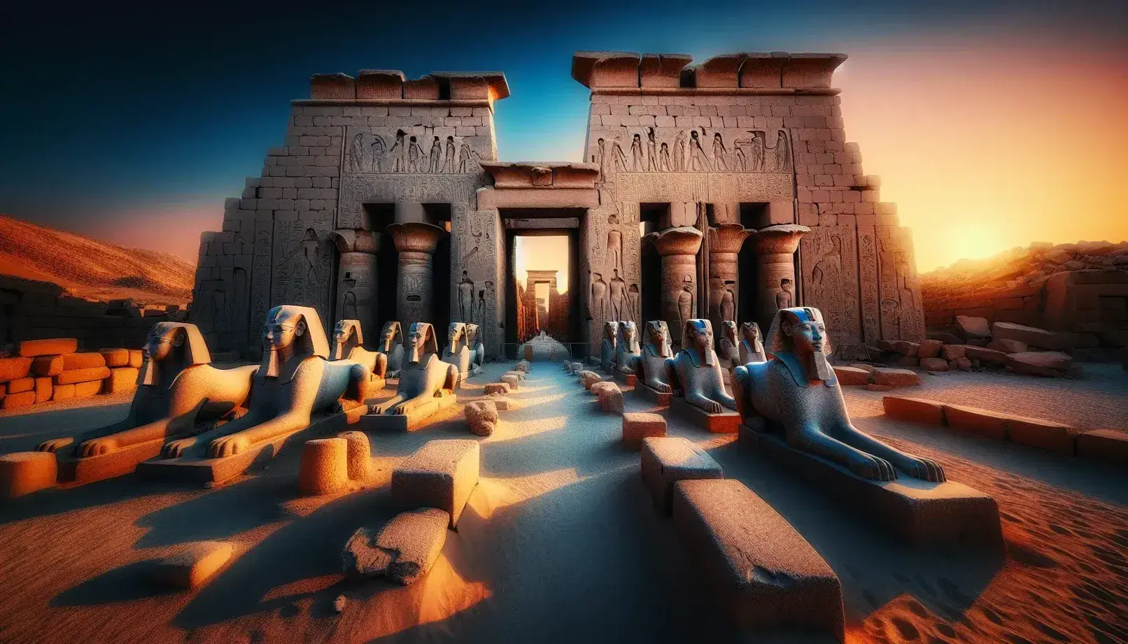 Tempio di Karnak al tramonto con pylon, sfingi senza testa, colonna erosa e statua di faraone in granito nero.