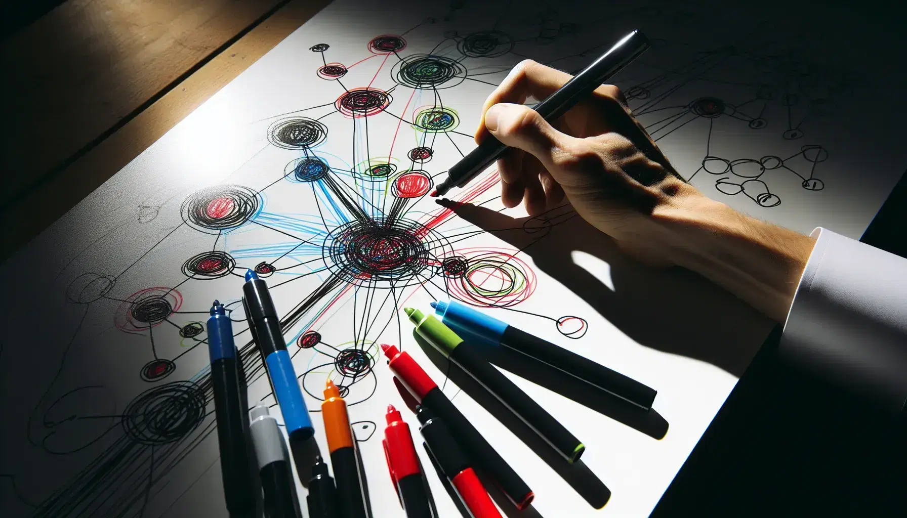 Mano sosteniendo marcadores de colores dibujando un gráfico de nodos interconectados en una pizarra blanca, reflejando creatividad y planificación.