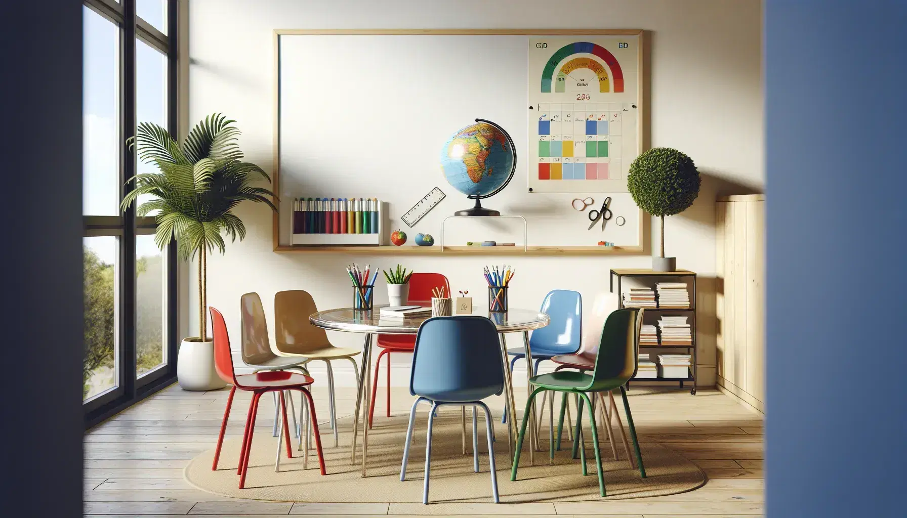 Aula escolar luminosa con mesa redonda de madera, sillas de colores, globo terráqueo, regla y tijeras sobre la mesa, pizarra blanca y planta interior.