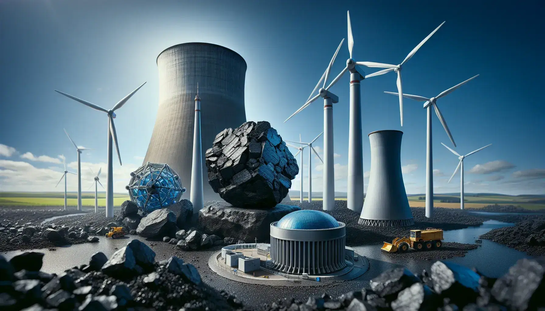 Fonti energetiche rinnovabili e non: carbone, modello reattore nucleare, turbina idroelettrica, pale eoliche e campo biomassa.
