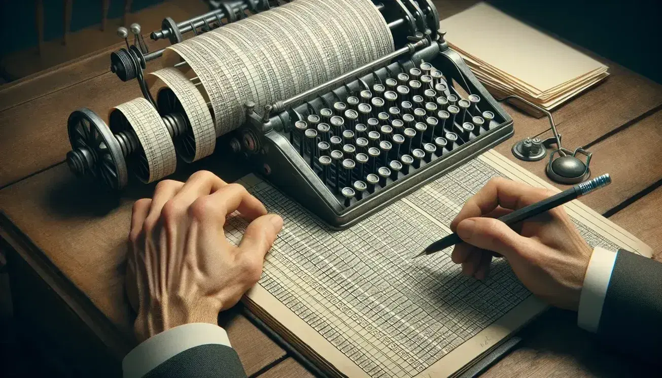 Close-up of hands with a mechanical pencil over a blank ledger, beside a manual adding machine and a blue-green glass paperweight on a desk.