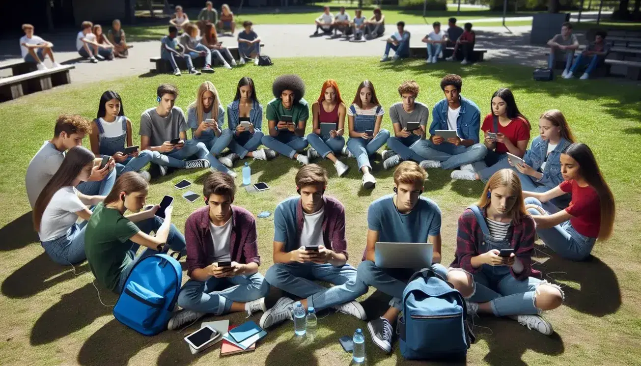Grupo de adolescentes diversos sentados en parque con dispositivos electrónicos en una tarde soleada.