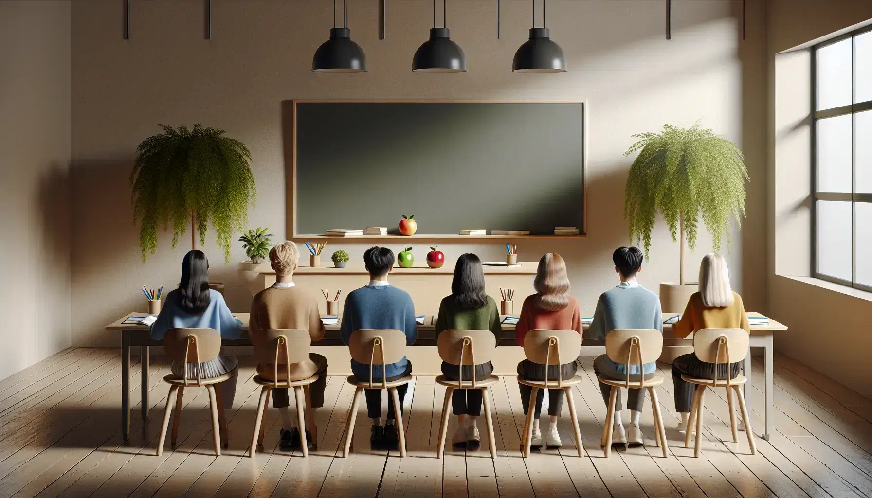 Classroom with students seated around a wooden table, blackboard in the background, plants on either side, and assorted items on the table.