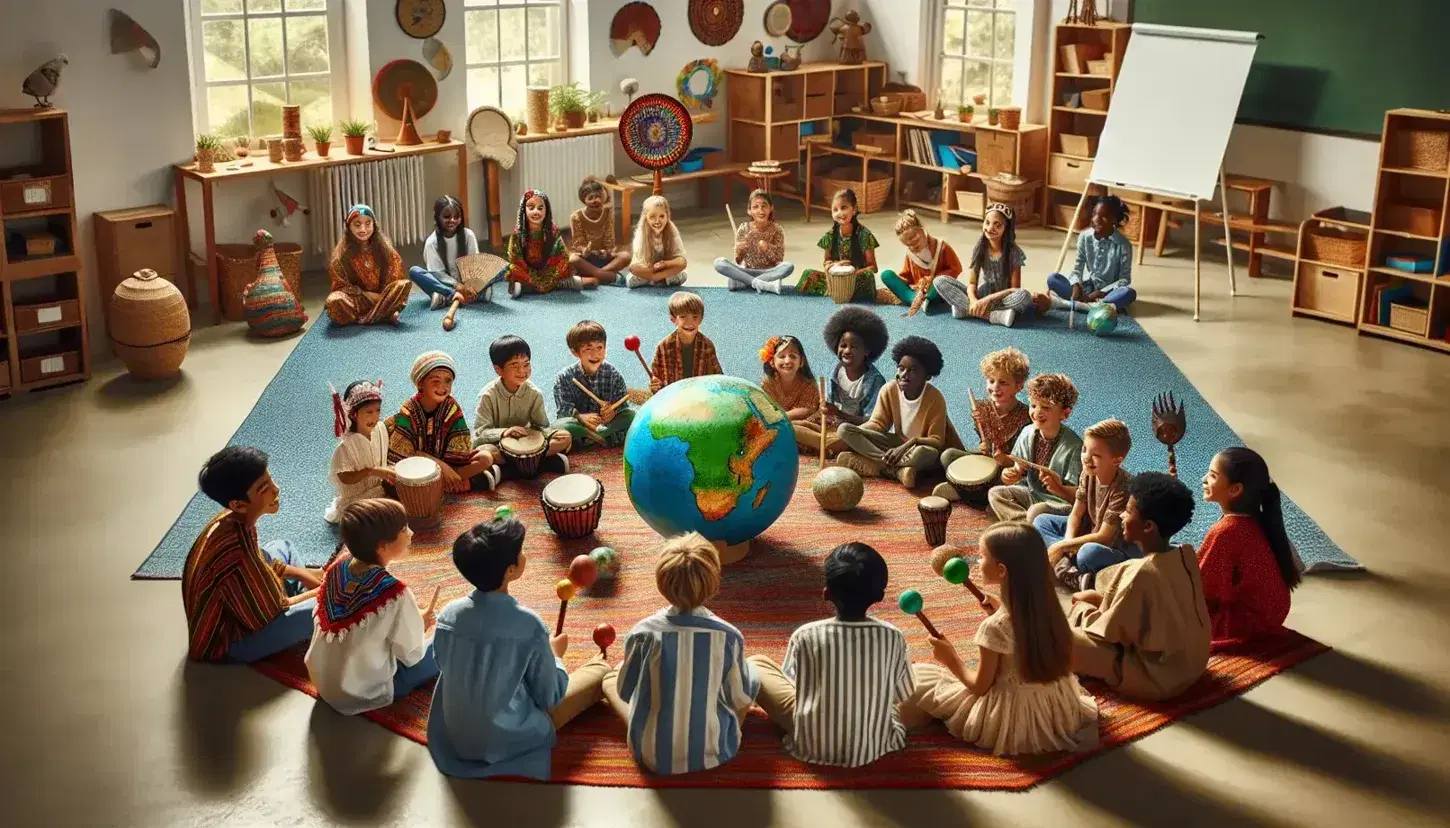 Niños de diversas etnias sentados en círculo en un aula, sonriendo y tocando instrumentos musicales tradicionales junto a un globo terráqueo y artefactos culturales.