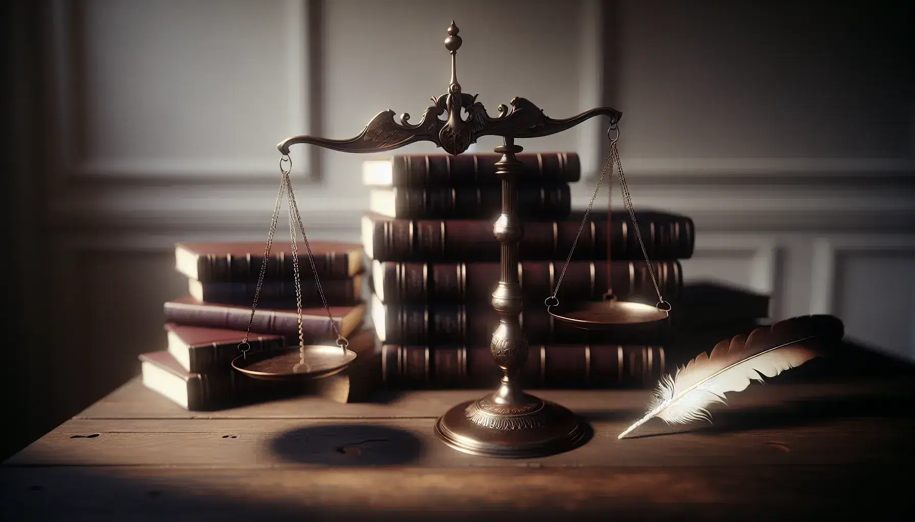 Balanza de justicia de bronce equilibrada sobre mesa de madera oscura, acompañada de libros encuadernados en cuero y pluma blanca.