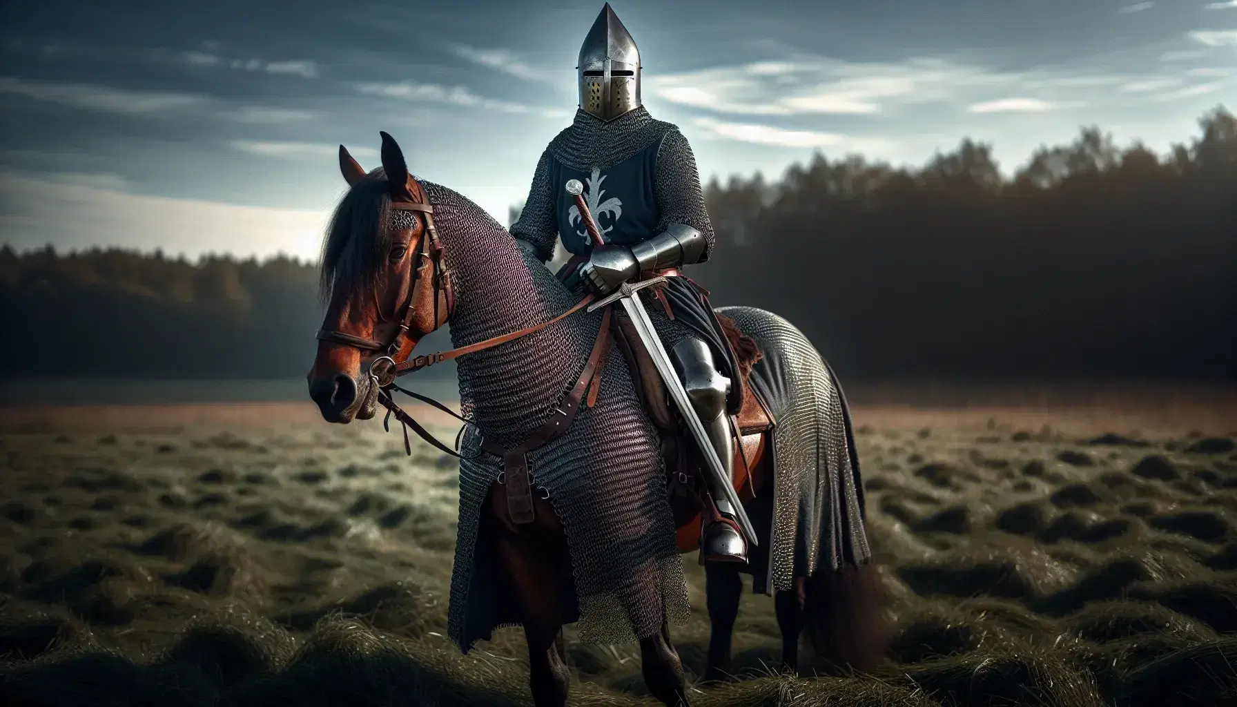 Frankish knight in chainmail hauberk and blue surcoat on chestnut horse, wearing a nasal helm, in a grassy plain with forest backdrop under clear sky.